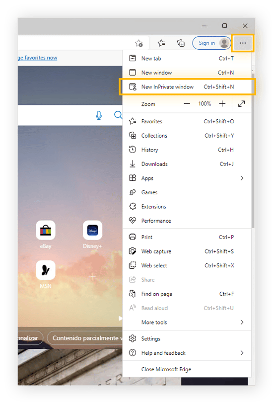 Click the Menu (three dots) in Microsoft Edge, then select New InPrivate window to start the private browsing mode.