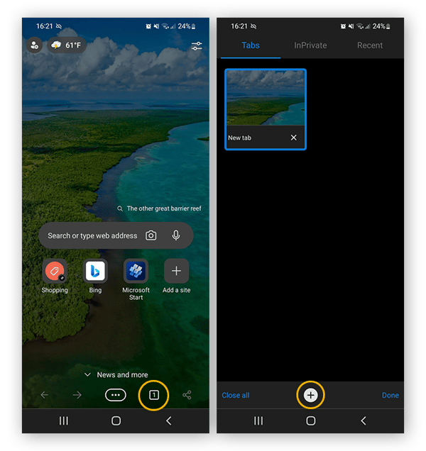 To open private browsing in Edge for Android, tap the tabs icon, then select InPrivate.
