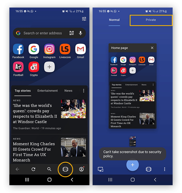 Click the tabs icon, then select Private to start private browsing in Opera on Android.