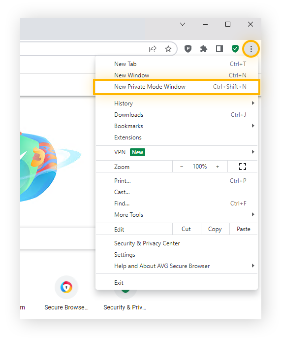Opening a new private mode window in AVG Secure Browser.